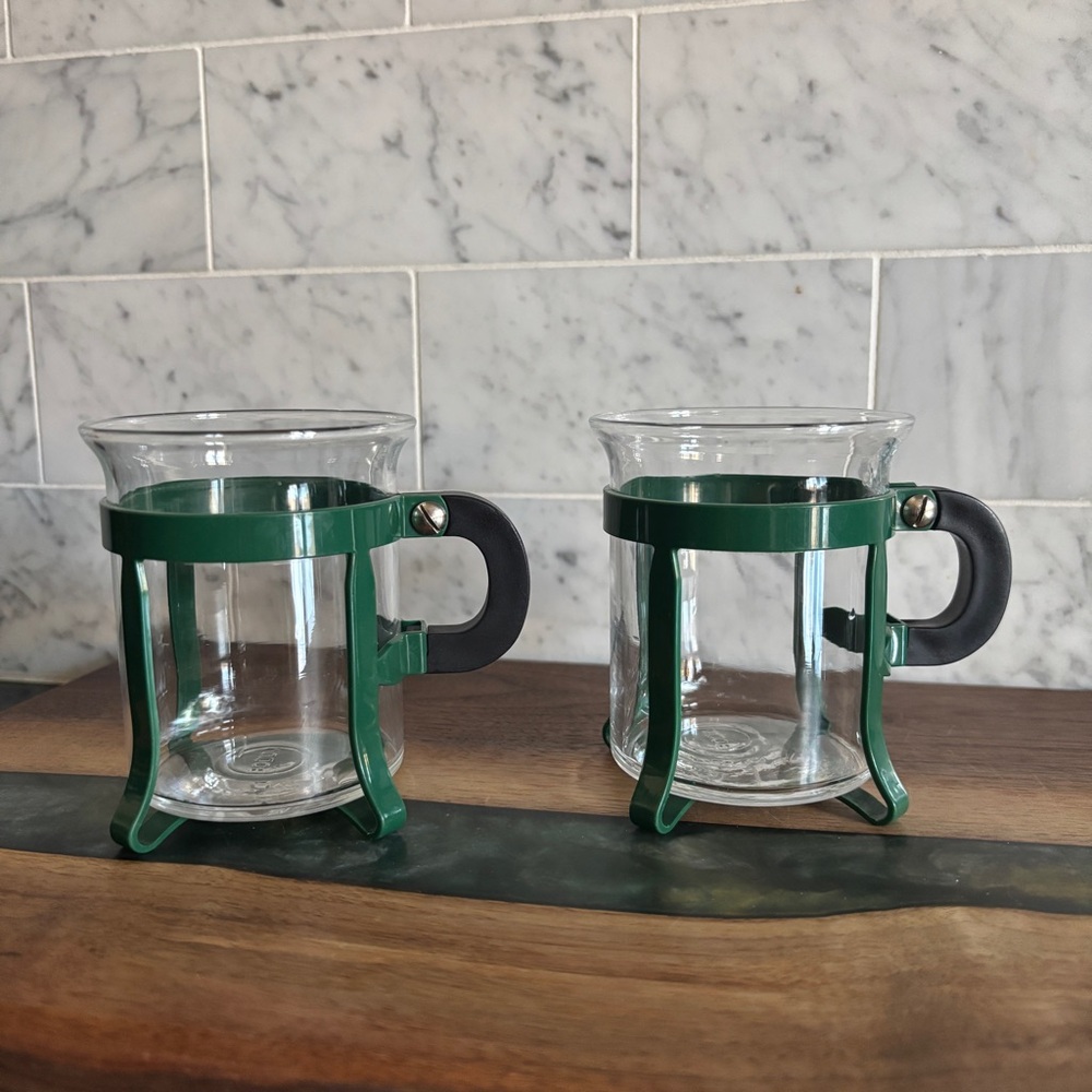 Vintage Pair of Mid Century Dark Forest Green Bodum Chambord Java Glass Mugs
